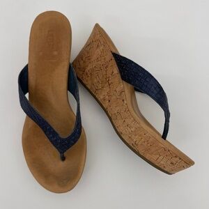 UGG Lucianna Wedge Sandals Size 9 Cork Platform Navy Blue Embossed Straps